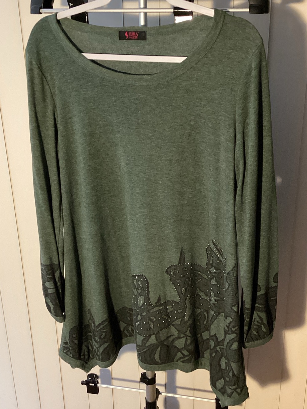 Embellished Olive Green Long Sleeve Tunic Top - Cute!